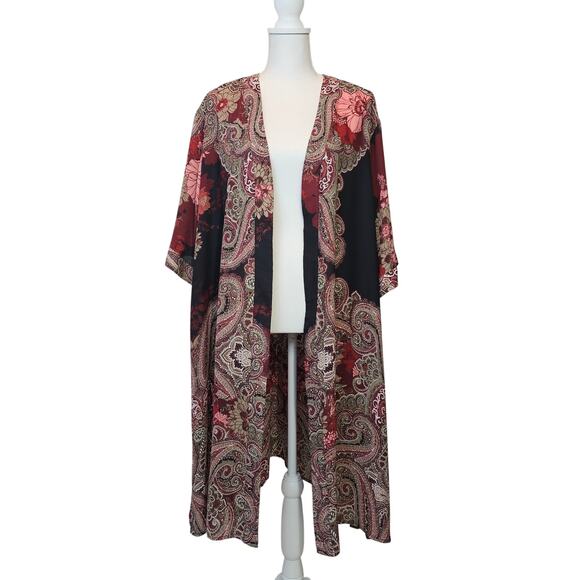Catherines‎ Black Tan Long Floral Paisley Luxe Georgette Kimono Size 2X 22/24W - Picture 1 of 10